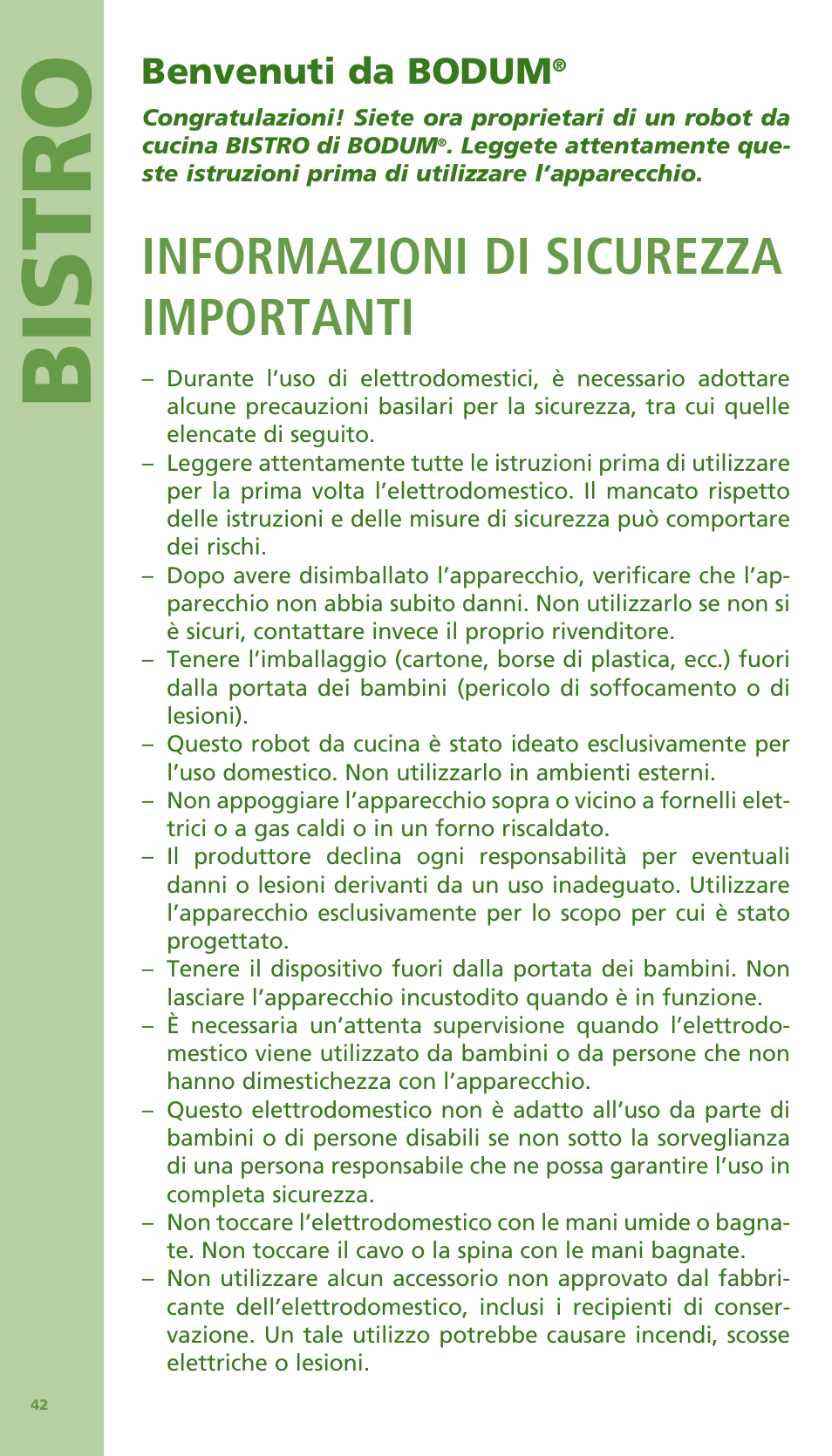 Bis tro, Informazioni di sicurezza importanti, Benvenuti da bodum | Bodum Bistro 11303 User Manual | Page 43 / 96