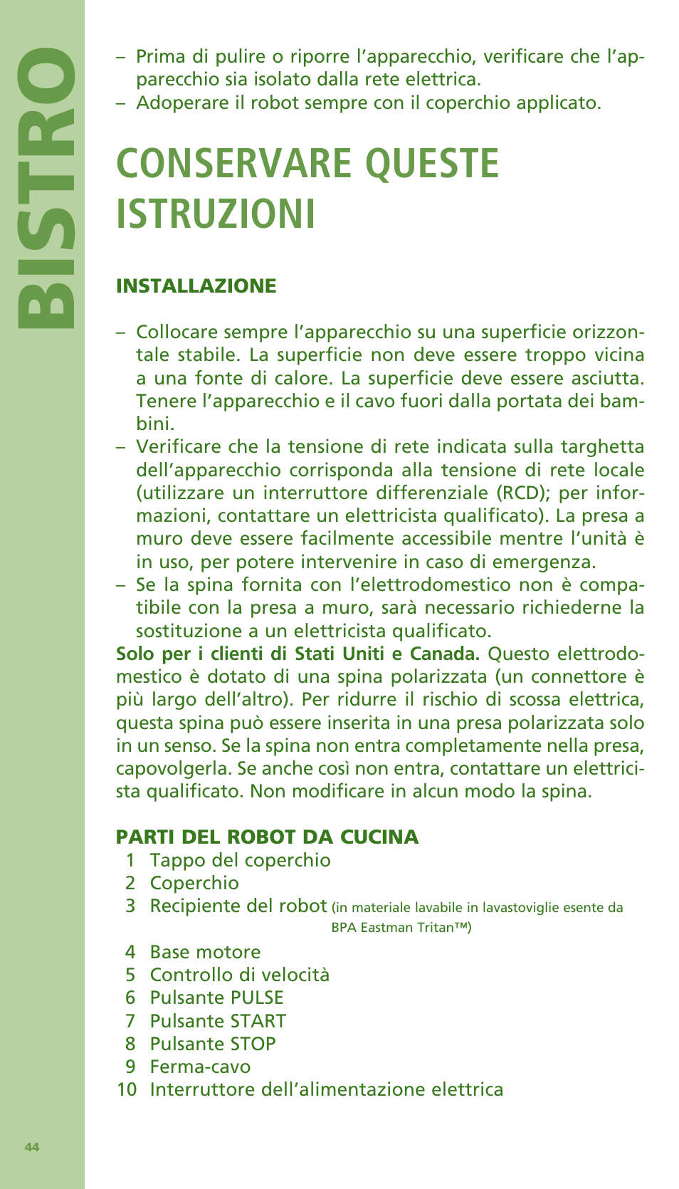 Bis tro, Conservare queste istruzioni | Bodum Bistro 11303 User Manual | Page 45 / 96
