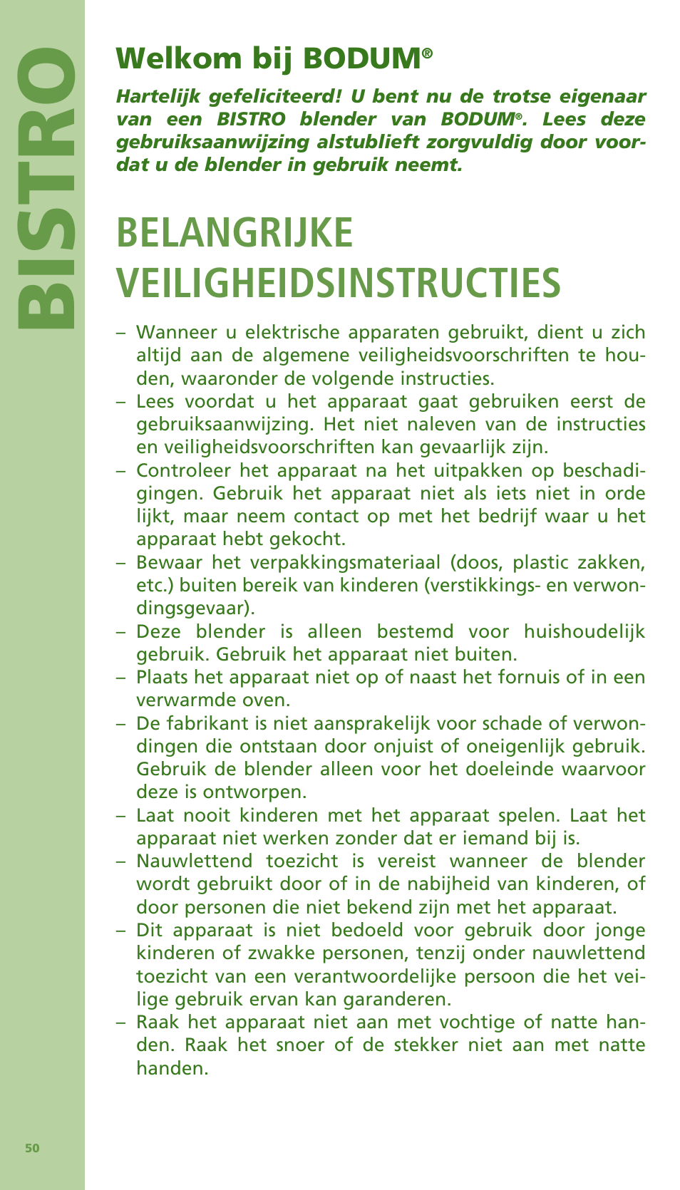 Bis tro, Belangrijke veiligheidsinstructies, Welkom bij bodum | Bodum Bistro 11303 User Manual | Page 51 / 96