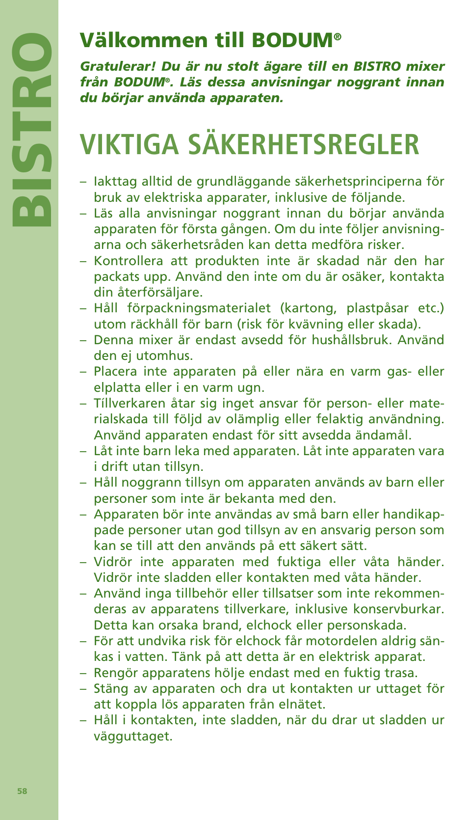 Bis tro, Viktiga säkerhetsregler, Välkommen till bodum | Bodum Bistro 11303 User Manual | Page 59 / 96
