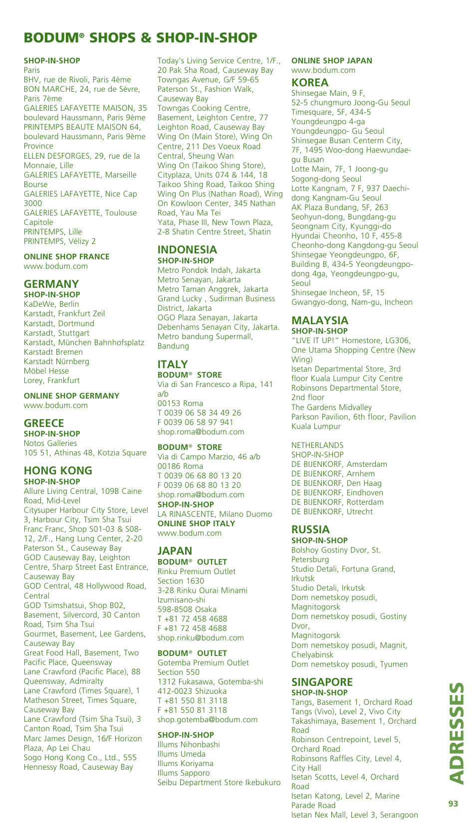 Adre ss e s, Bodum, Shops & shop-in-shop | Bodum Bistro 11303 User Manual | Page 94 / 96