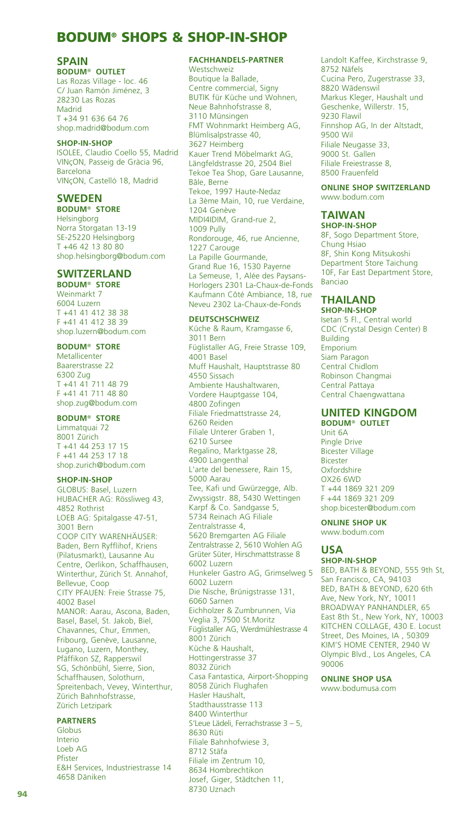 Bodum, Shops & shop-in-shop, Taiwan | Thailand, United kingdom, Spain, Sweden, Switzerland | Bodum Bistro 11303 User Manual | Page 95 / 96