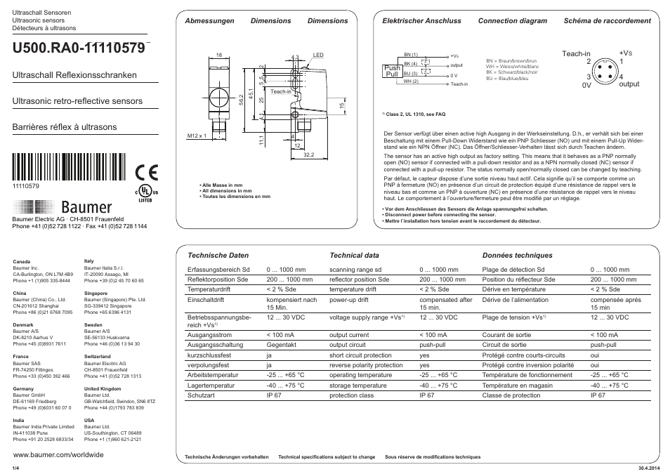 Baumer U500.RA0-GP1B.72O User Manual | 4 pages