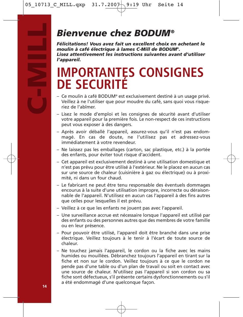 C-mill, Importantes consignes de securité, Bienvenue chez bodum | Bodum C-Mill 10713 User Manual | Page 15 / 54