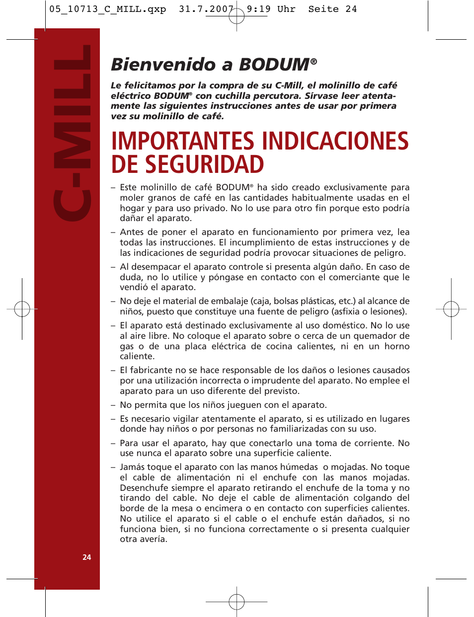 C-mill, Importantes indicaciones de seguridad, Bienvenido a bodum | Bodum C-Mill 10713 User Manual | Page 25 / 54