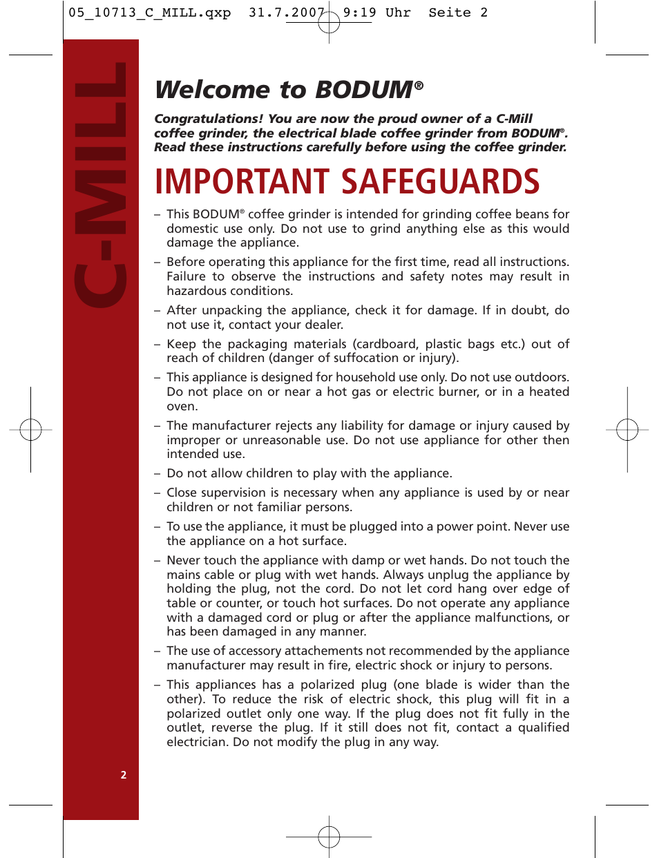 C-mill, Important safeguards, Welcome to bodum | Bodum C-Mill 10713 User Manual | Page 3 / 54