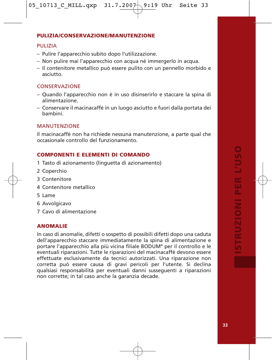 Istruzioni per l ’uso | Bodum C-Mill 10713 User Manual | Page 34 / 54