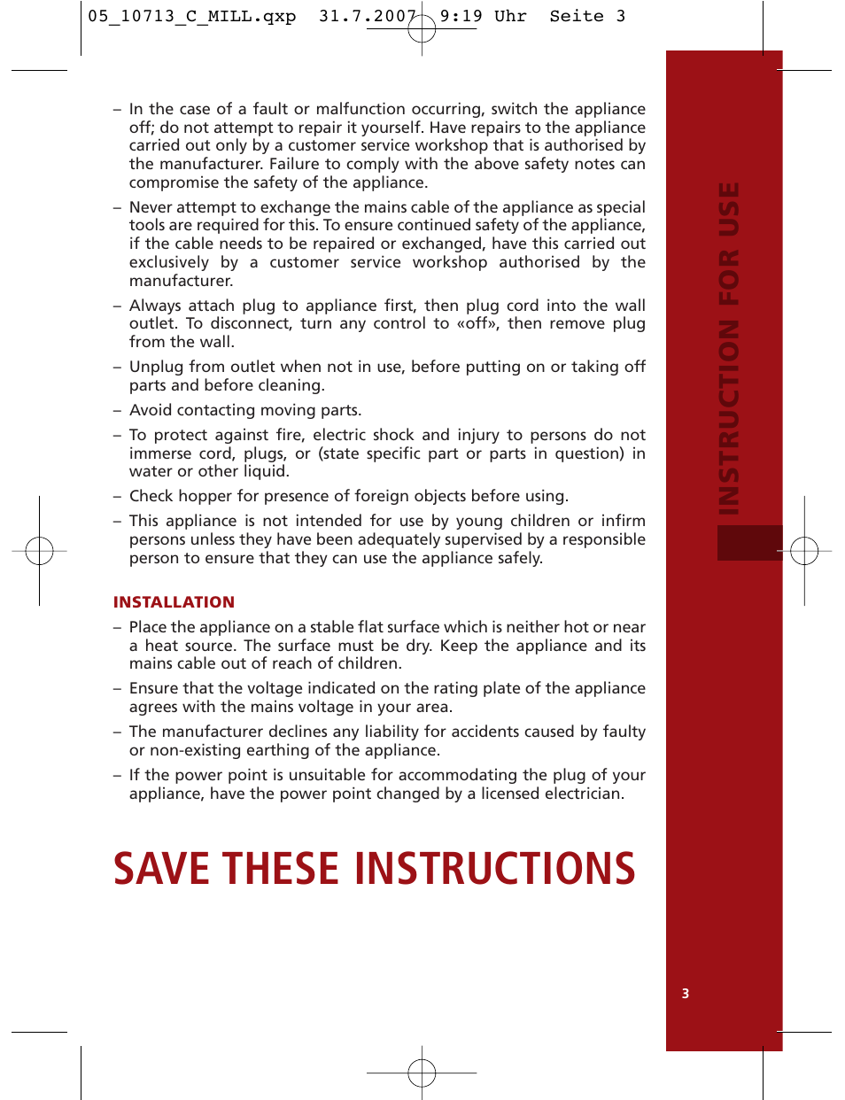 Save these instructions, Instruction for use | Bodum C-Mill 10713 User Manual | Page 4 / 54