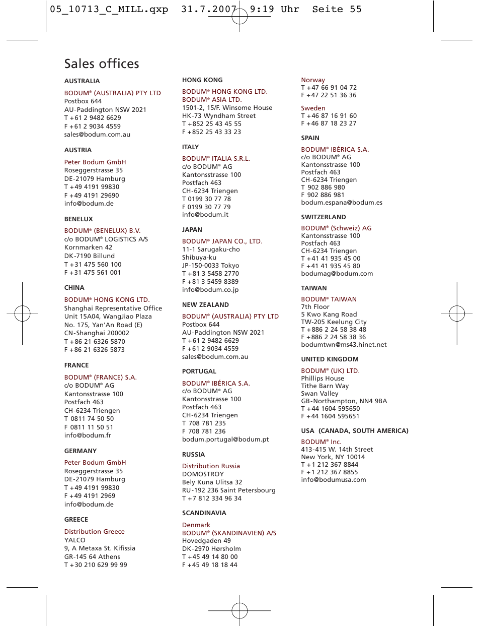 Sales offices | Bodum C-Mill 10713 User Manual | Page 53 / 54
