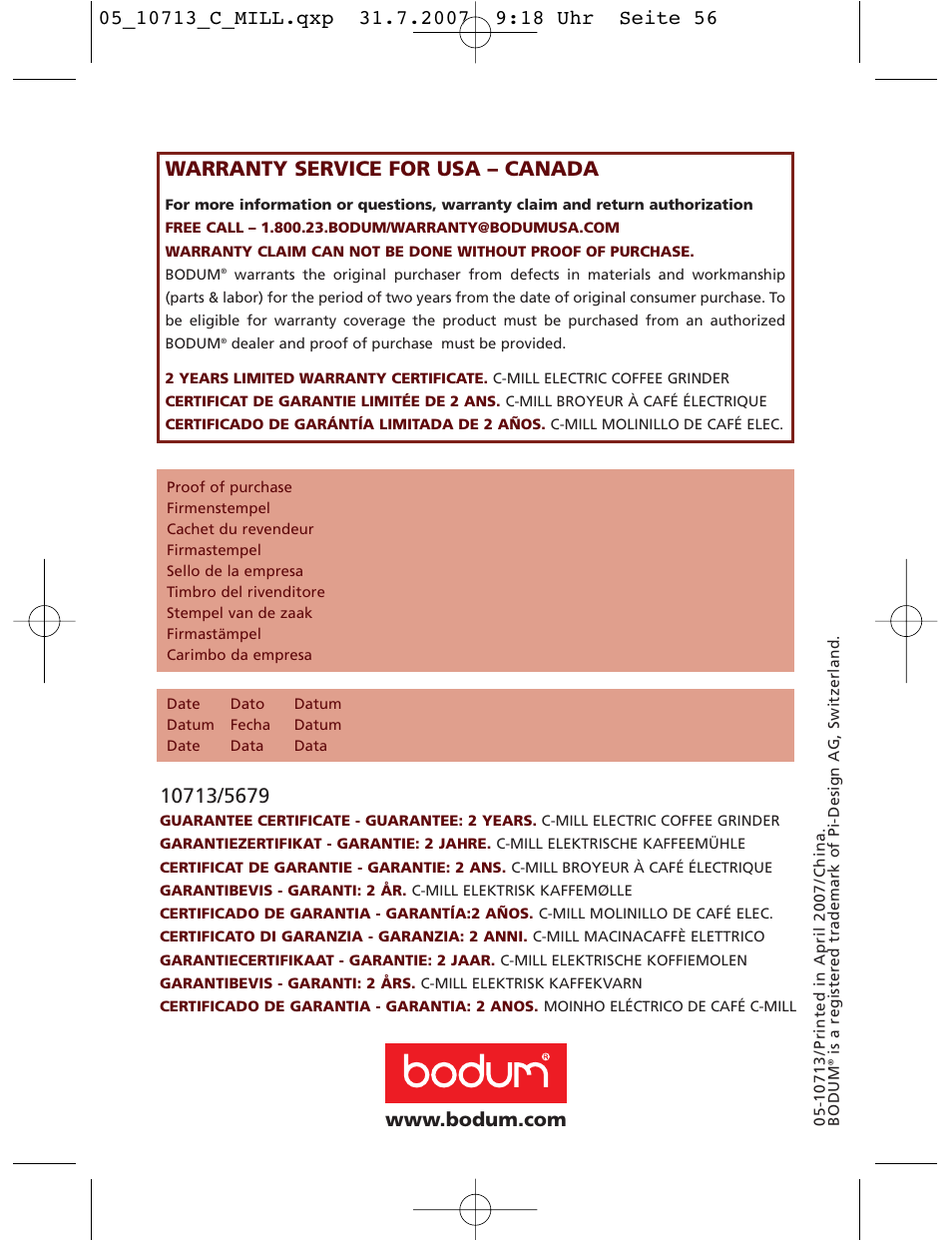 Warranty service for usa – canada | Bodum C-Mill 10713 User Manual | Page 54 / 54