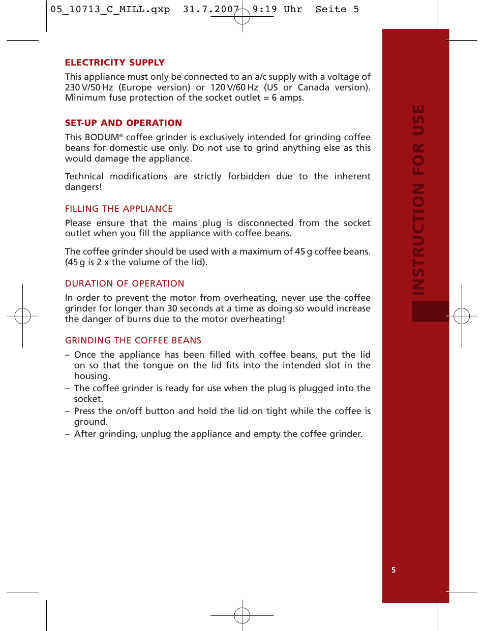 Instruction for use | Bodum C-Mill 10713 User Manual | Page 6 / 54