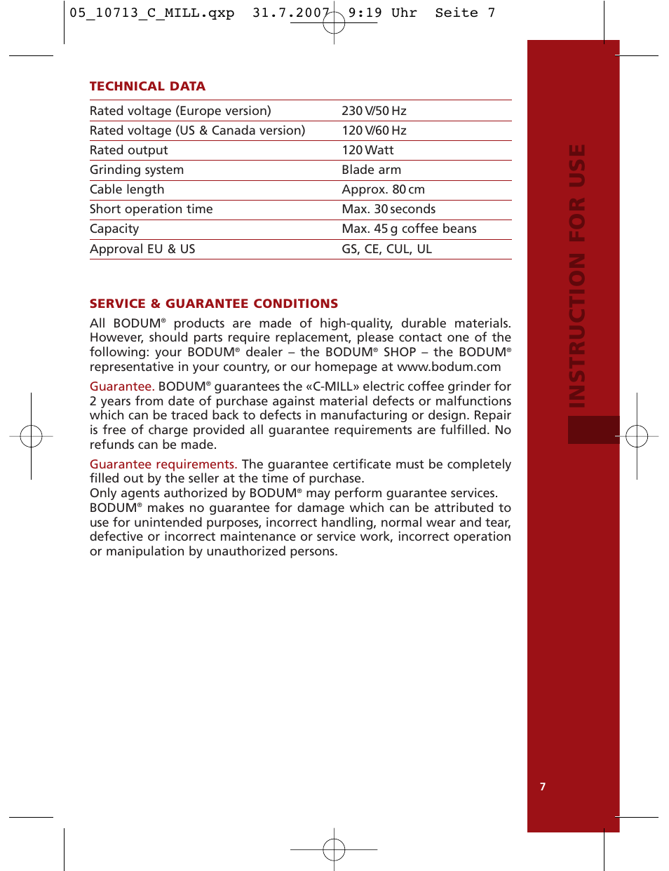 Instruction for use | Bodum C-Mill 10713 User Manual | Page 8 / 54