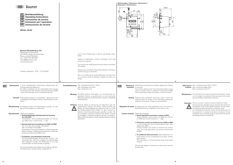 Baumer UE102 counter User Manual | 2 pages