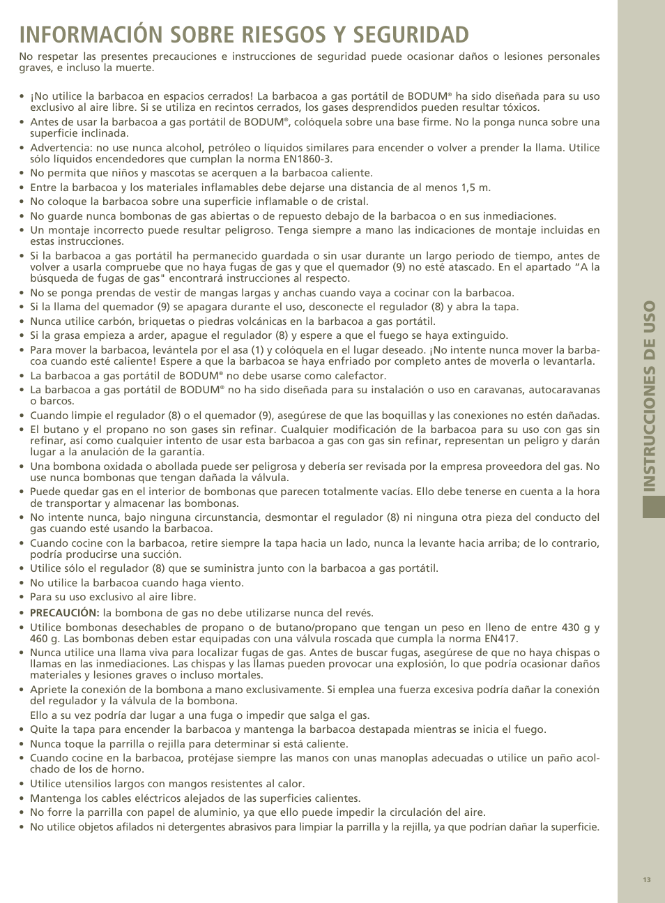 Información sobre riesgos y seguridad, Instru cc iones d e uso | Bodum PICNIC GAS BBQ FYRKAT 11450 User Manual | Page 13 / 15