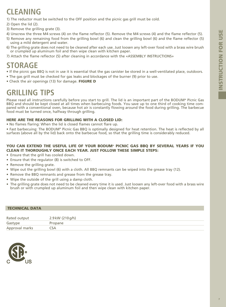 Cleaning, Storage, Grilling tips | Instru c tion for use | Bodum PICNIC GAS BBQ FYRKAT 11450 User Manual | Page 7 / 15