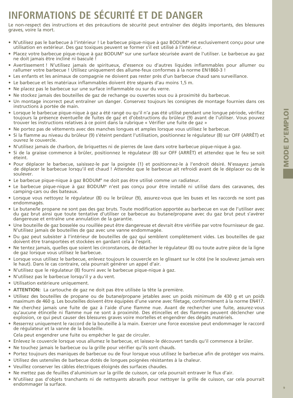 Informations de sécurité et de danger | Bodum PICNIC GAS BBQ FYRKAT 11450 User Manual | Page 9 / 15