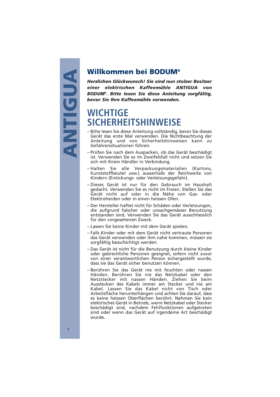 Antigua, Wichtige sicherheitshinweise, Willkommen bei bodum | Bodum ANTIGUA 10462 User Manual | Page 10 / 57