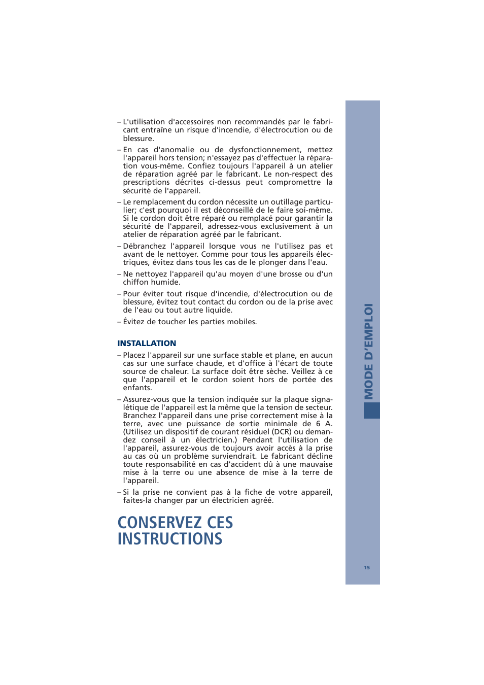 Conservez ces instructions, Mode d’emploi | Bodum ANTIGUA 10462 User Manual | Page 17 / 57