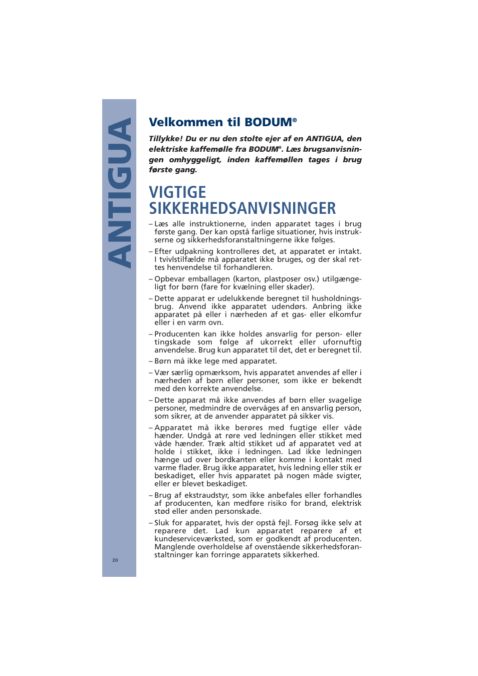 Antigua, Vigtige sikkerhedsanvisninger, Velkommen til bodum | Bodum ANTIGUA 10462 User Manual | Page 22 / 57