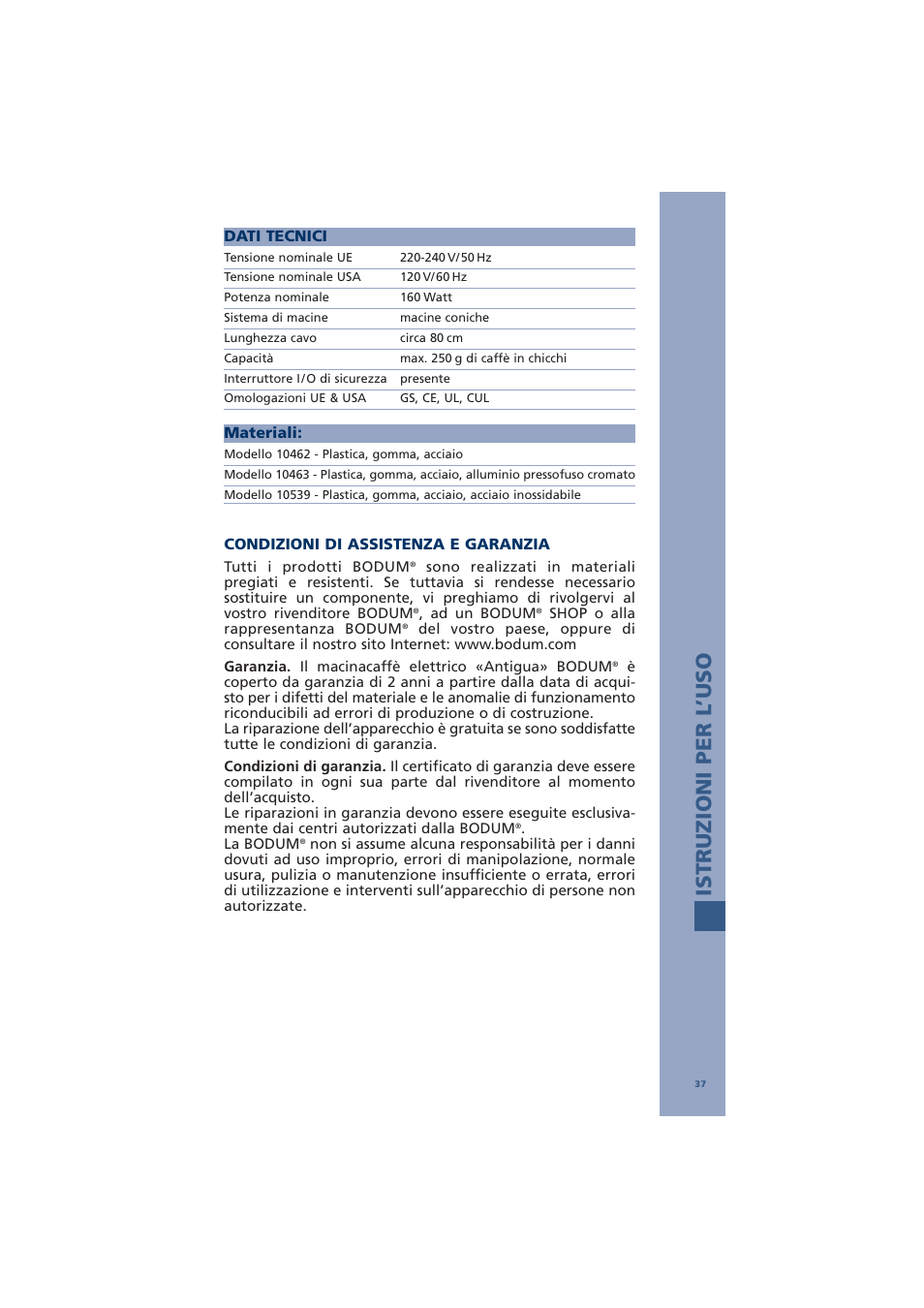 Istruzioni per l ’uso | Bodum ANTIGUA 10462 User Manual | Page 39 / 57