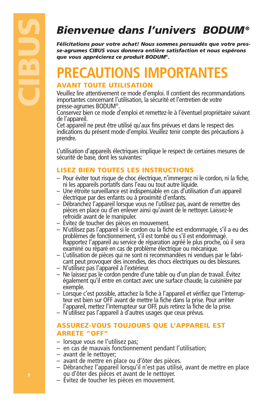 Cibus, Precautions importantes, Bienvenue dans l’univers bodum | Bodum 3021 / 3022 User Manual | Page 10 / 18