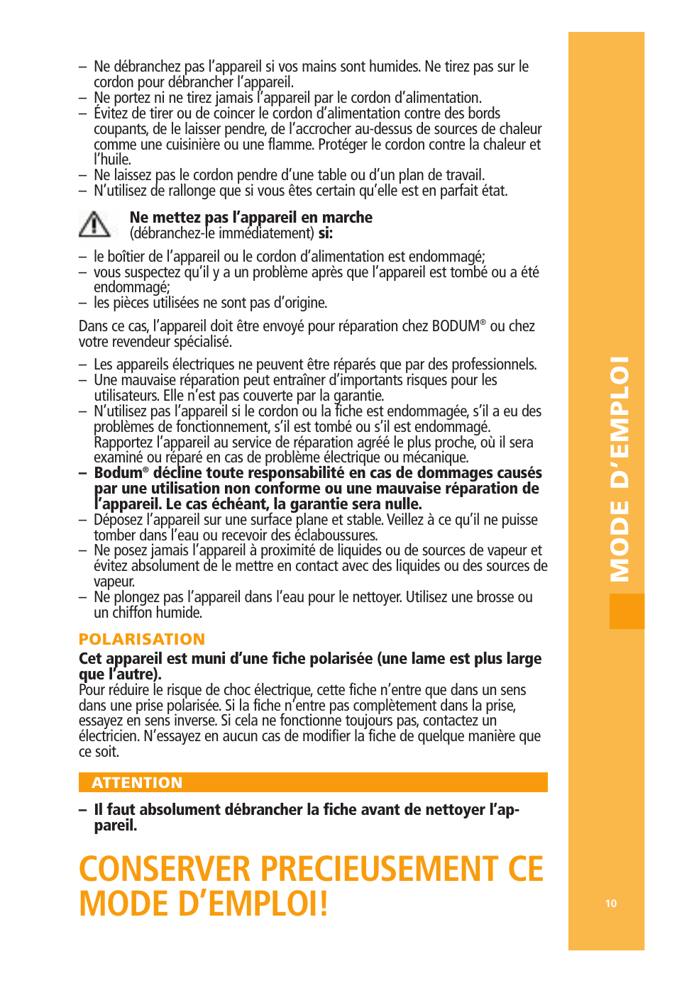 Conserver precieusement ce mode d’emploi, Mode d’emploi | Bodum 3021 / 3022 User Manual | Page 11 / 18