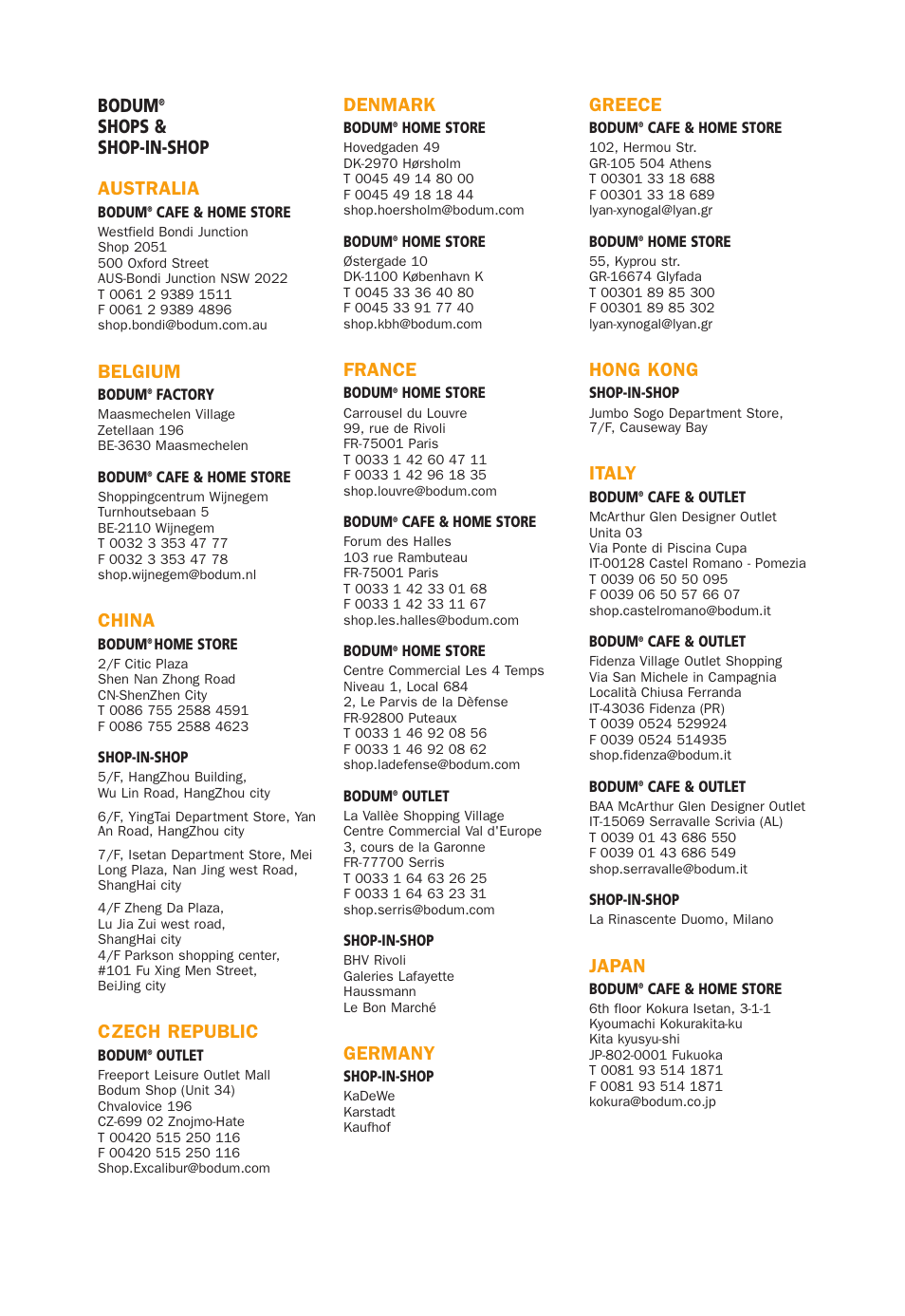 Bodum, Shops & shop-in-shop australia, Belgium | China, Czech republic, Denmark, France, Germany, Greece, Hong kong | Bodum 3021 / 3022 User Manual | Page 14 / 18