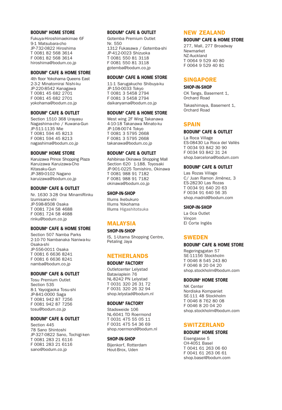 Malaysia, Netherlands, New zealand | Singapore, Spain, Sweden, Switzerland | Bodum 3021 / 3022 User Manual | Page 15 / 18