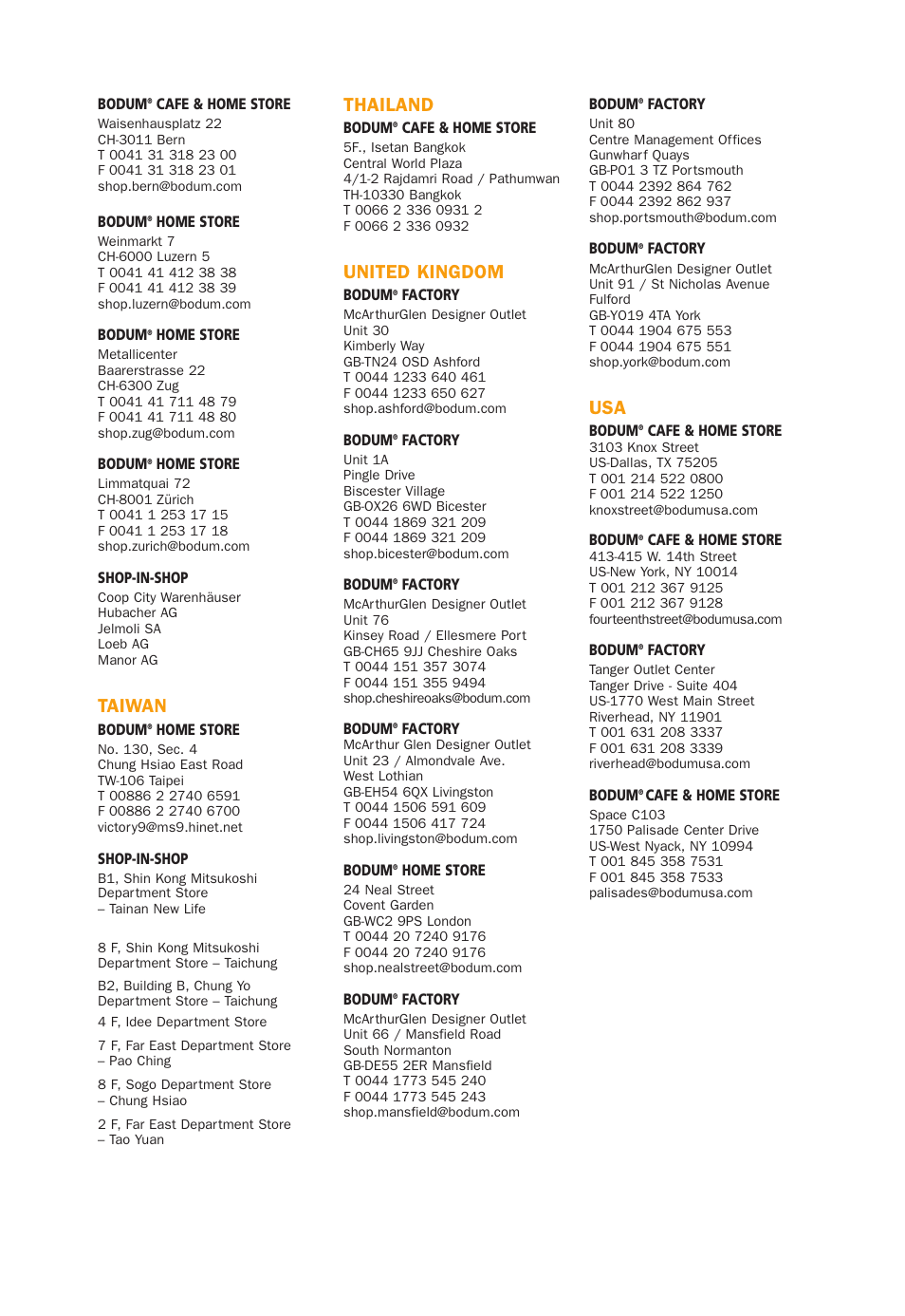 Taiwan, Thailand, United kingdom | Bodum 3021 / 3022 User Manual | Page 16 / 18