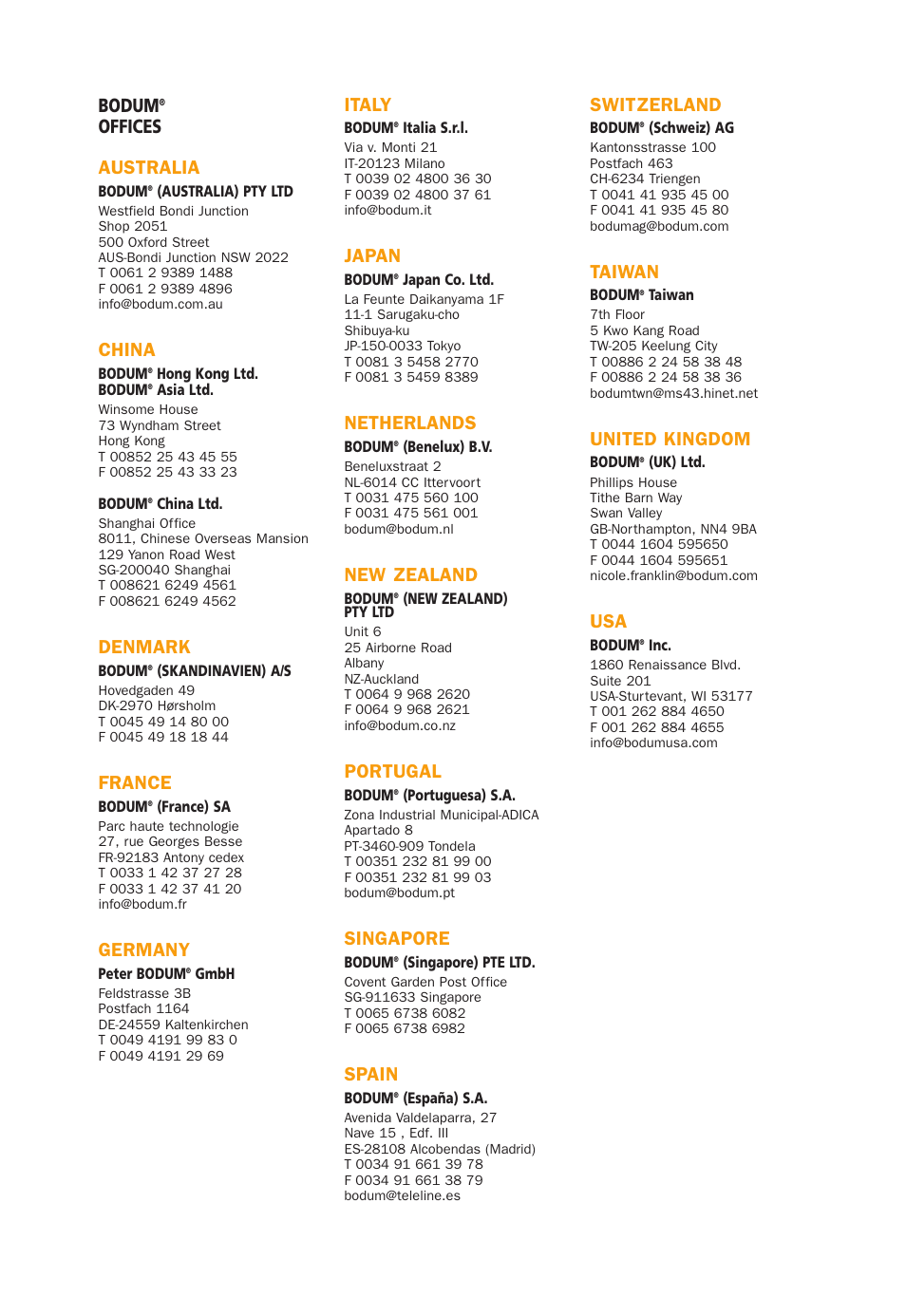 Bodum, Offices australia, China | Denmark, France, Germany, Italy, Japan, Netherlands, New zealand | Bodum 3021 / 3022 User Manual | Page 17 / 18