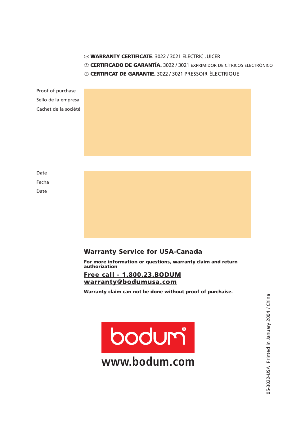 Warranty service for usa-canada | Bodum 3021 / 3022 User Manual | Page 18 / 18