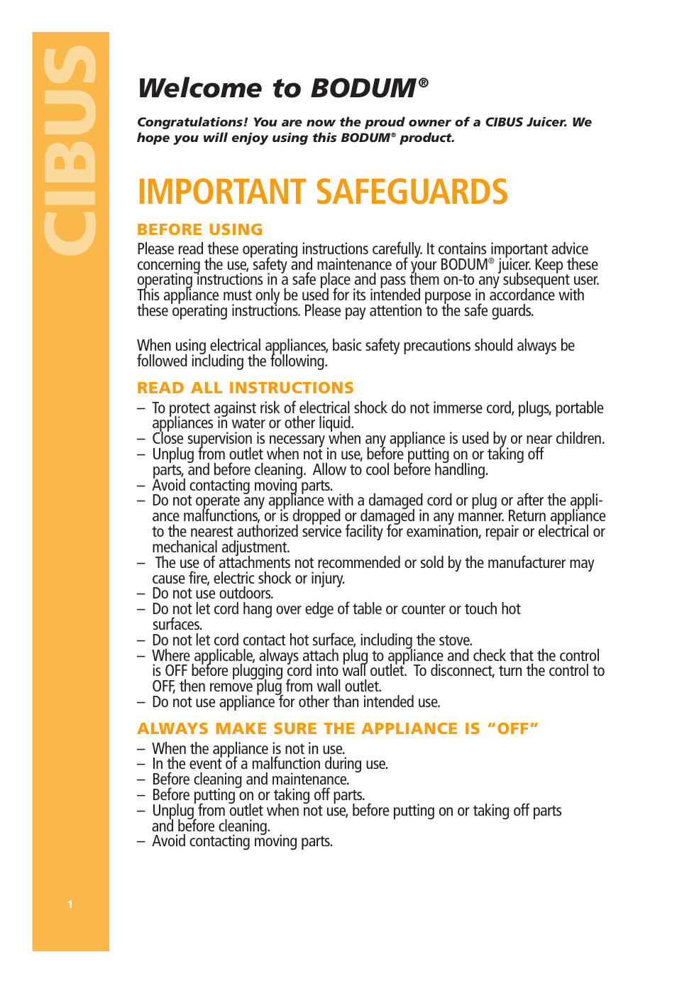 Cibus, Important safeguards, Welcome to bodum | Bodum 3021 / 3022 User Manual | Page 2 / 18