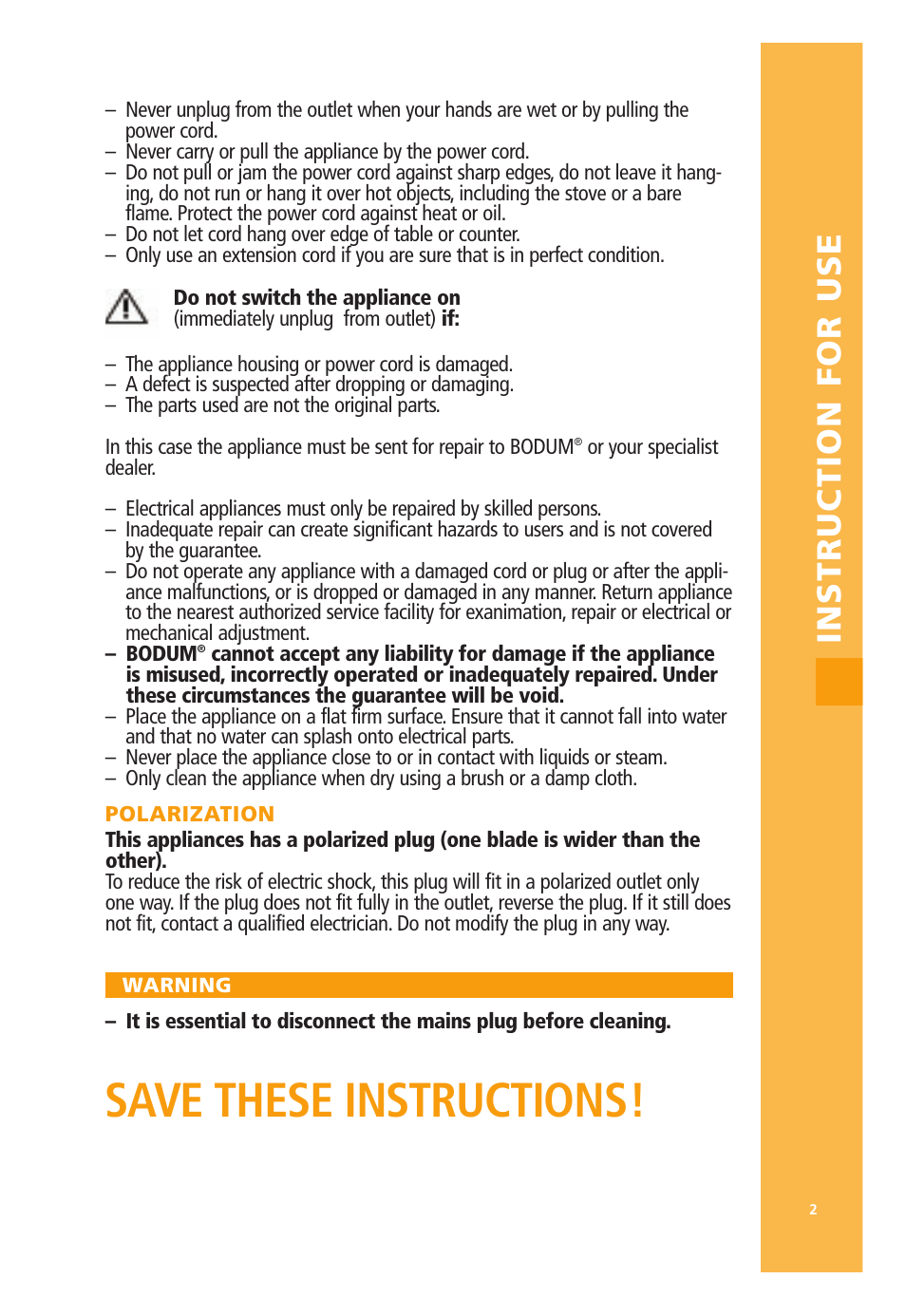 Save these instructions, Instruction for use | Bodum 3021 / 3022 User Manual | Page 3 / 18