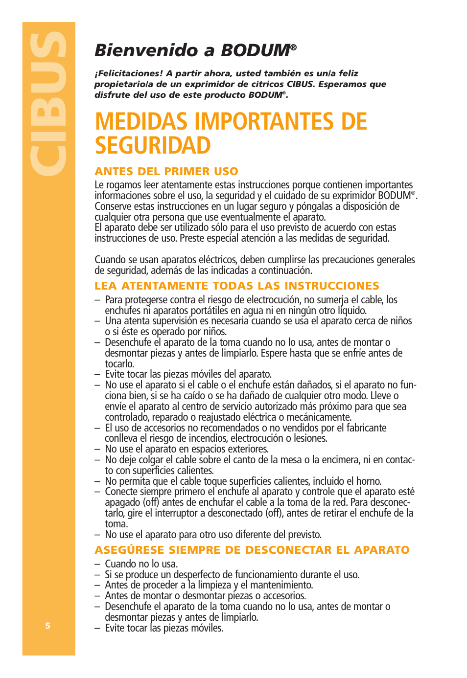 Cibus, Medidas importantes de seguridad, Bienvenido a bodum | Bodum 3021 / 3022 User Manual | Page 6 / 18