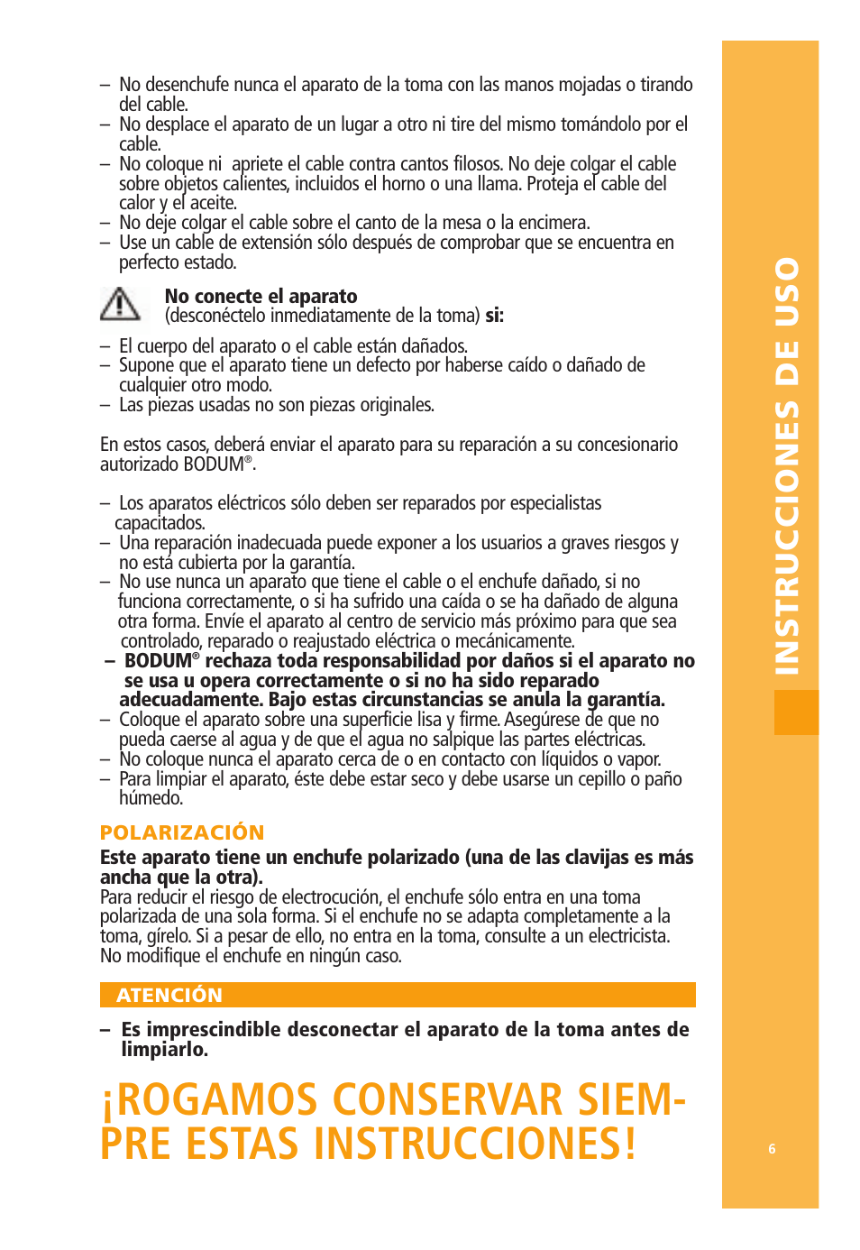 Rogamos conservar siem- pre estas instrucciones, Instrucciones de uso | Bodum 3021 / 3022 User Manual | Page 7 / 18