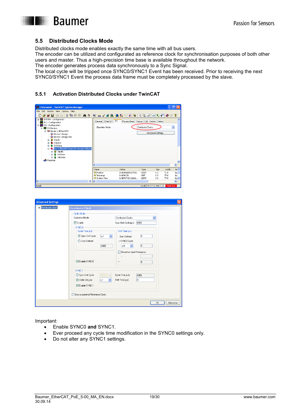 Distributed clocks mode, Activation distributed clocks under twincat | Baumer BMxx, GBxxx-GXxxx - EtherCAT / PoE from version ,5.0 User Manual | Page 19 / 30