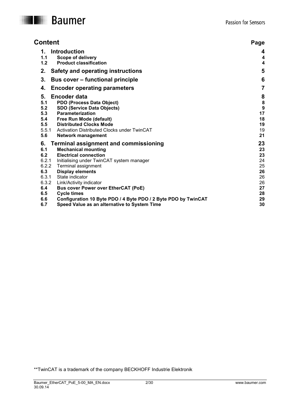 Content | Baumer BMxx, GBxxx-GXxxx - EtherCAT / PoE from version ,5.0 User Manual | Page 2 / 30