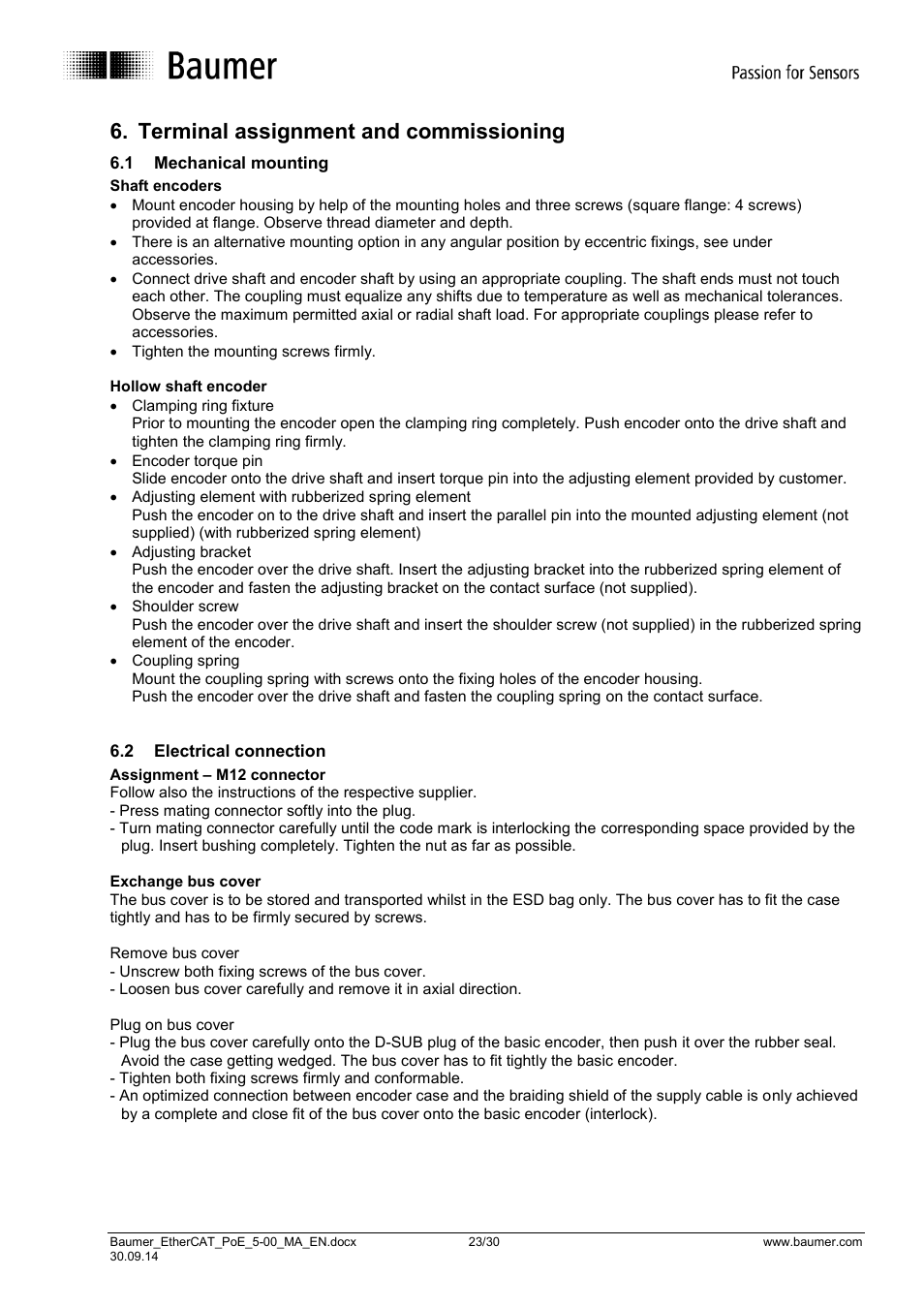 Terminal assignment and commissioning, Mechanical mounting, Electrical connection | Terminal assignment and commissioning 6 | Baumer BMxx, GBxxx-GXxxx - EtherCAT / PoE from version ,5.0 User Manual | Page 23 / 30