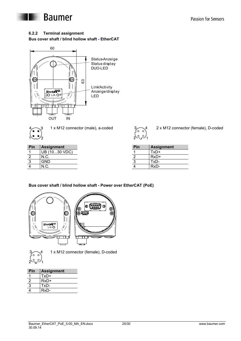 Terminal assignment | Baumer BMxx, GBxxx-GXxxx - EtherCAT / PoE from version ,5.0 User Manual | Page 25 / 30