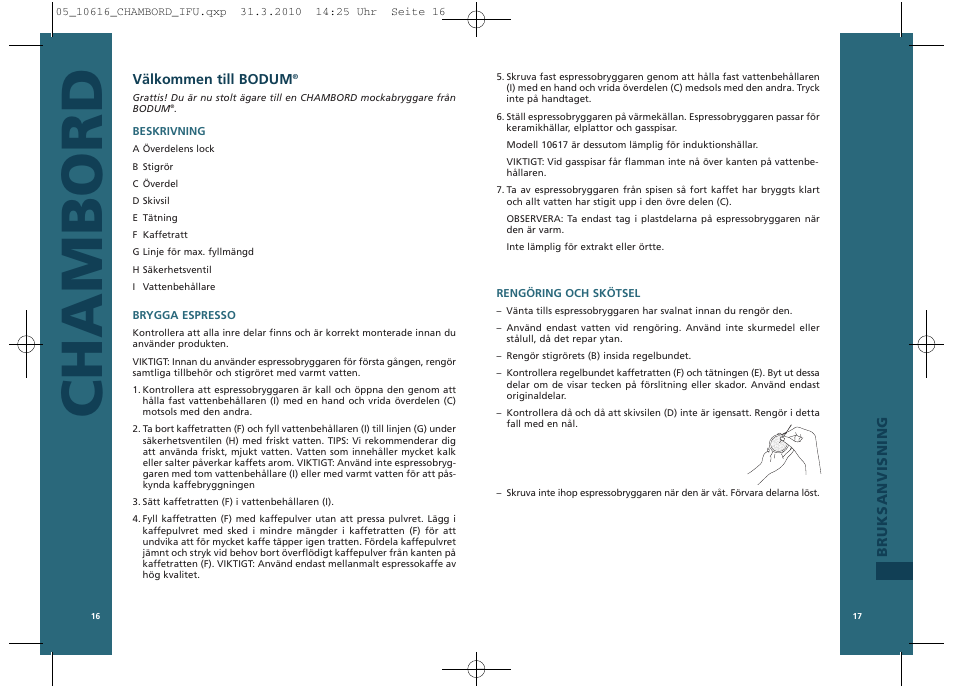 Chambord, Bruksanvisning välkommen till bodum | Bodum 10616 User Manual | Page 10 / 11