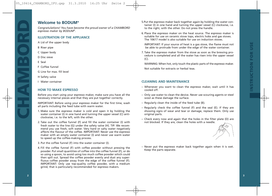 Chambord, Welcome to bodum, Instruction for use | Bodum 10616 User Manual | Page 3 / 11
