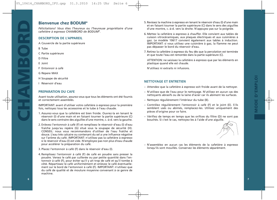 Chambord, Mode d’emploi bienvenue chez bodum | Bodum 10616 User Manual | Page 5 / 11