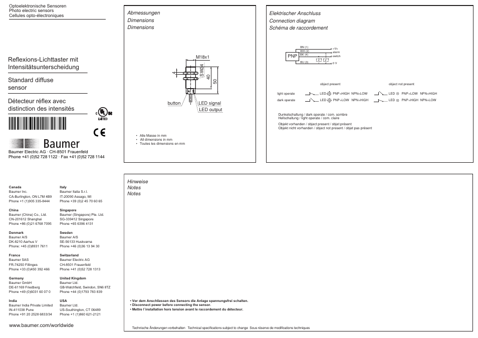 Baumer FZAM 18P6460 User Manual | 2 pages