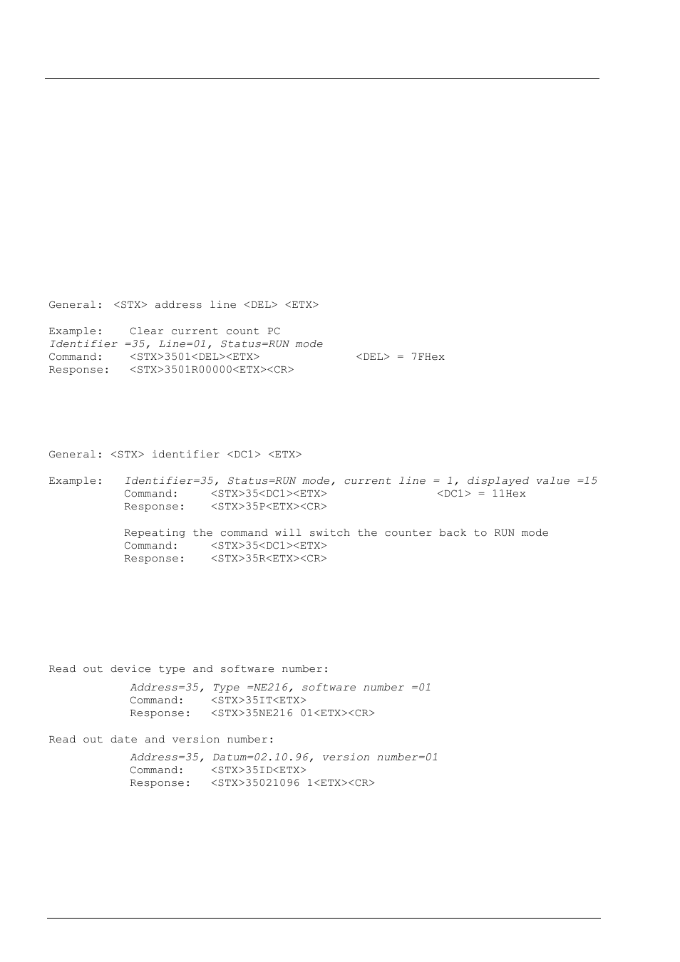 Special commands, Clear current count, Switching the counter to pgm or run mode | Reading out the counter identification | Baumer NE216 User Manual | Page 4 / 7