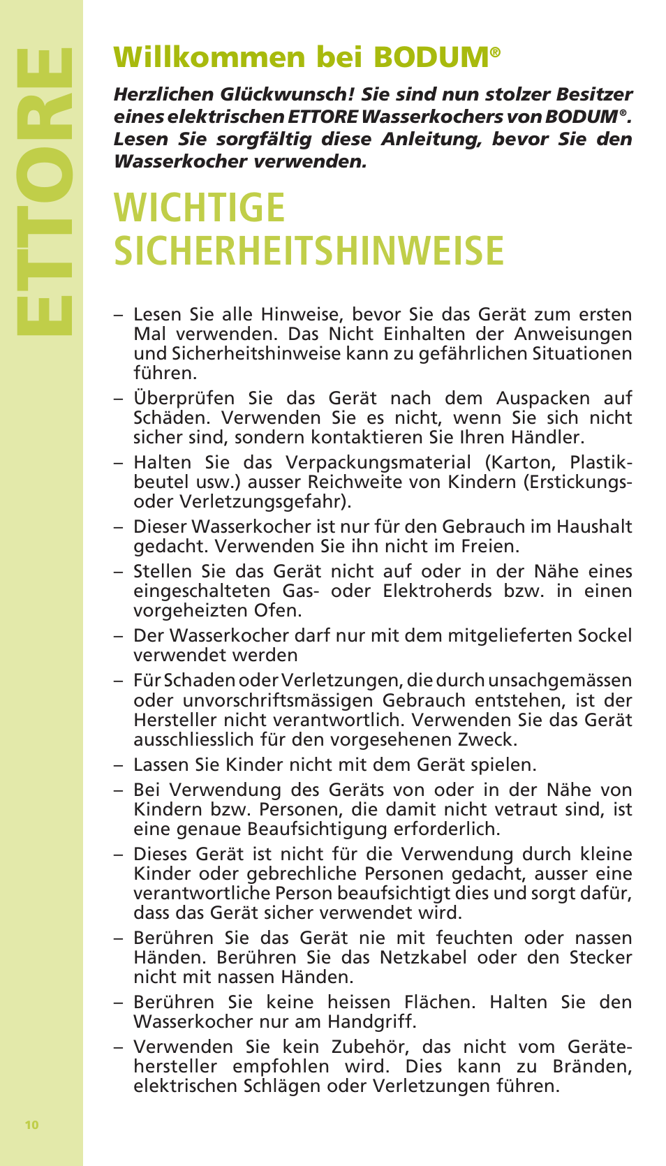 Ettore, Wichtige sicherheitshinweise, Willkommen bei bodum | Bodum 11175 User Manual | Page 12 / 73