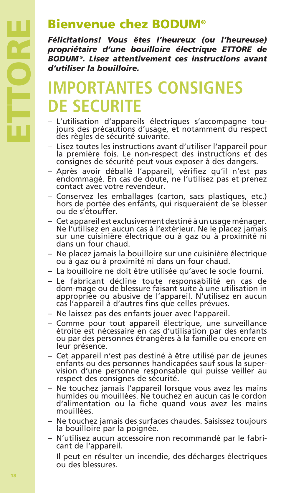 Ettore, Importantes consignes de securite, Bienvenue chez bodum | Bodum 11175 User Manual | Page 20 / 73