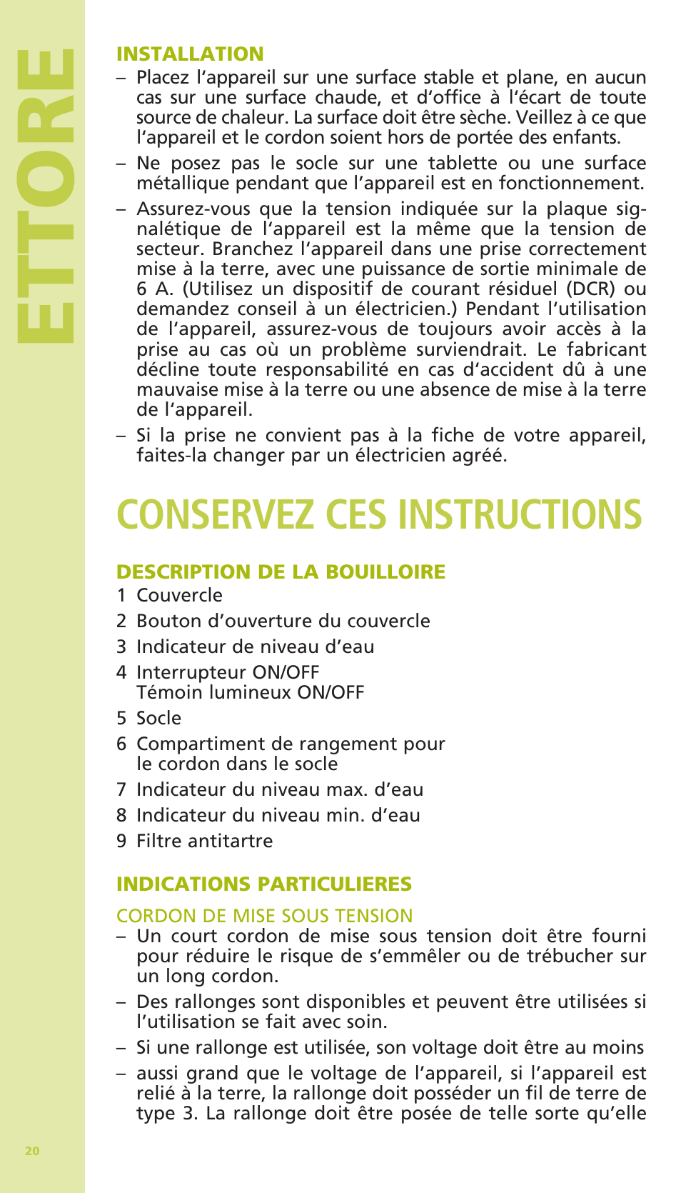 Ettore, Conservez ces instructions | Bodum 11175 User Manual | Page 22 / 73