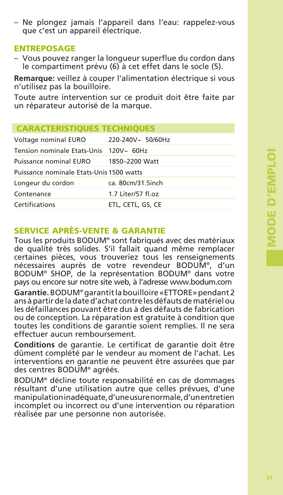 Mode d ’e m ploi | Bodum 11175 User Manual | Page 25 / 73