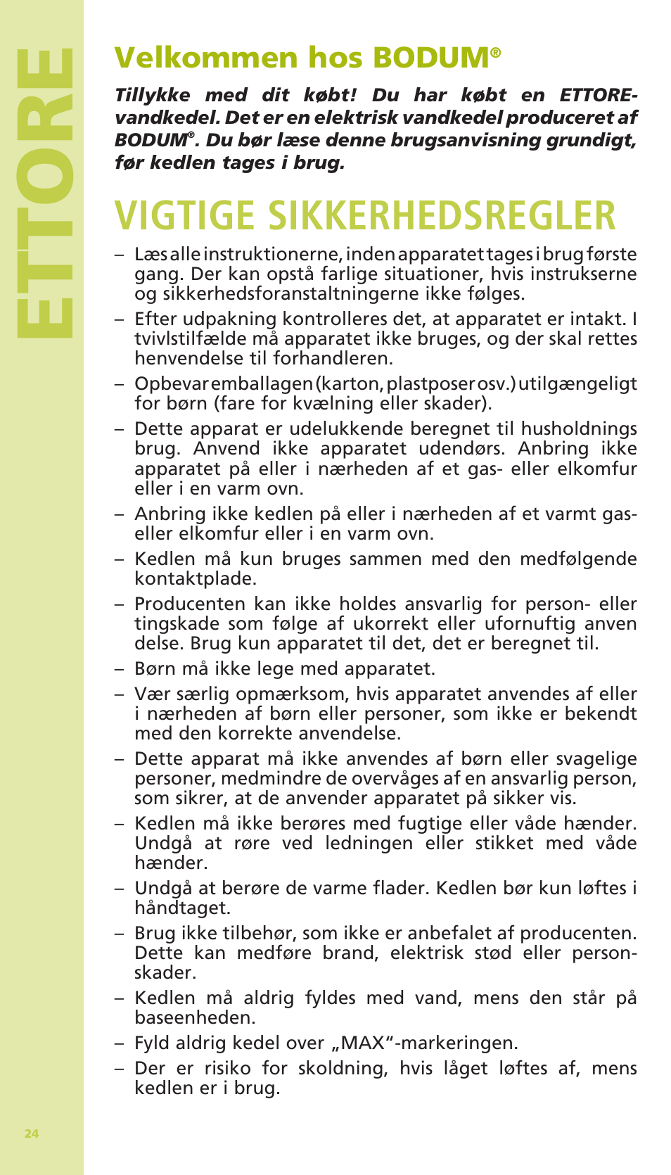 Ettore, Vigtige sikkerhedsregler, Velkommen hos bodum | Bodum 11175 User Manual | Page 26 / 73