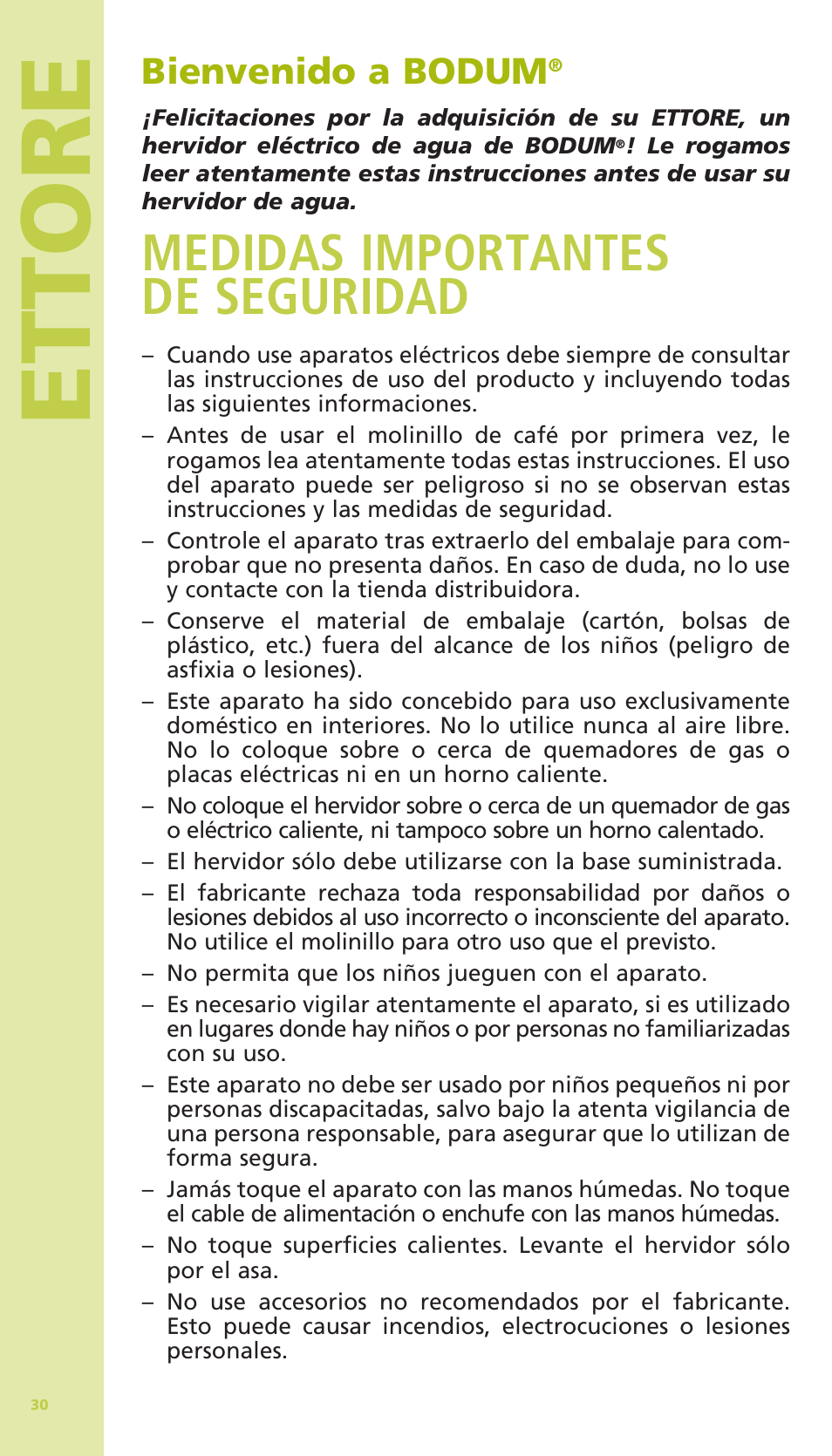 Ettore, Medidas importantes de seguridad, Bienvenido a bodum | Bodum 11175 User Manual | Page 32 / 73